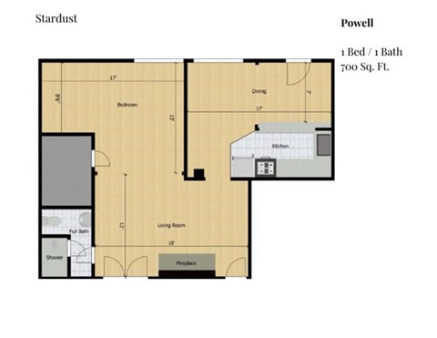 Floor plan for 1 bed, 1 bath, 700 sqft